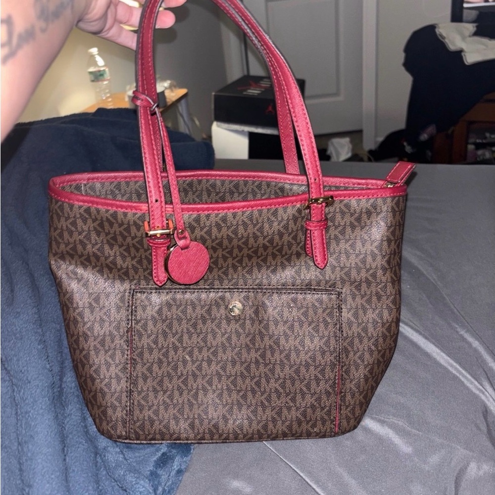 Michael Kors Signature Brown Tote with Red Handles